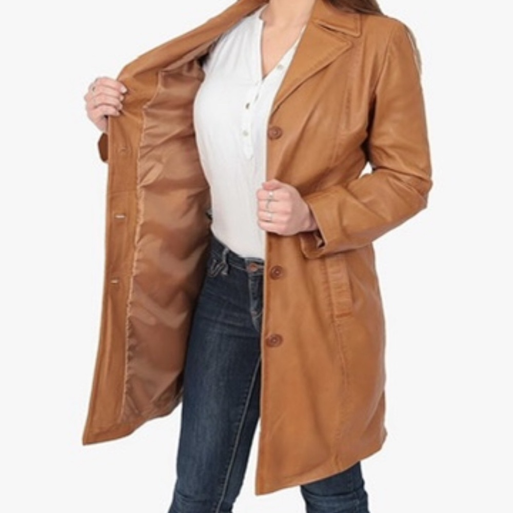 Laddies 3/4 soft leather classic single breasted tan jacket.